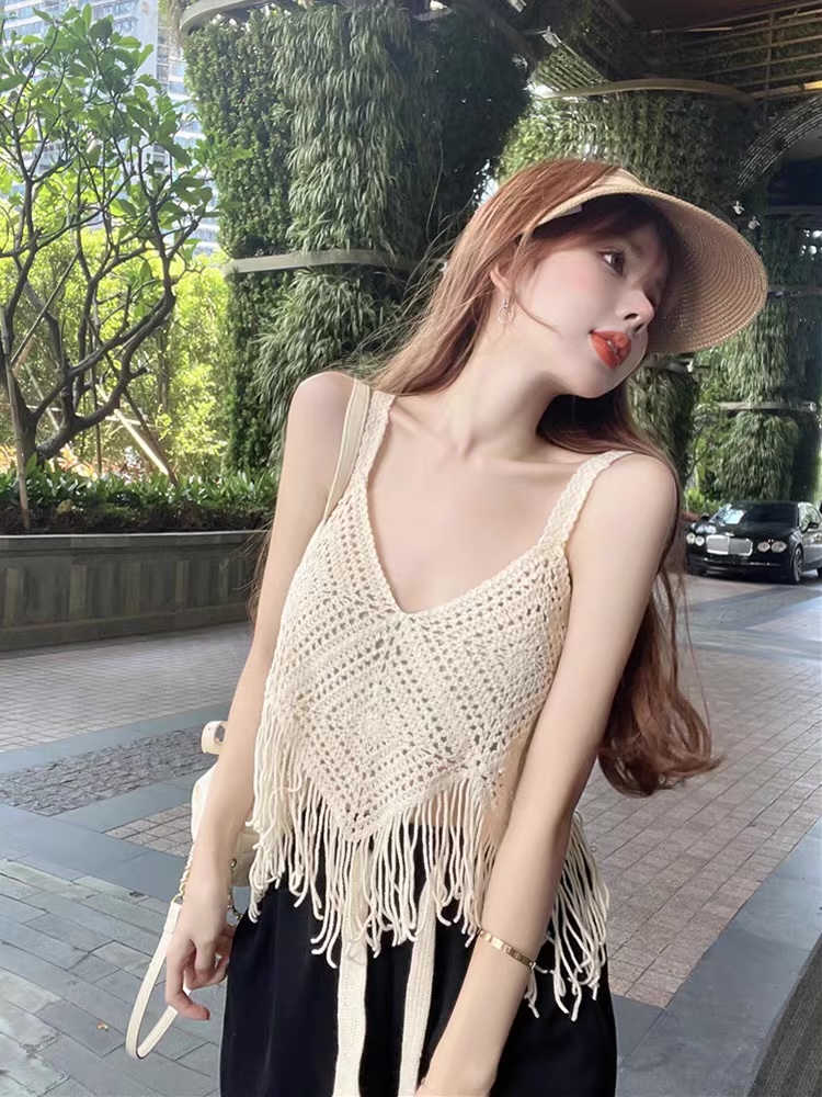 MS1084 Áo ba lỗ đan móc đi biển tua rua