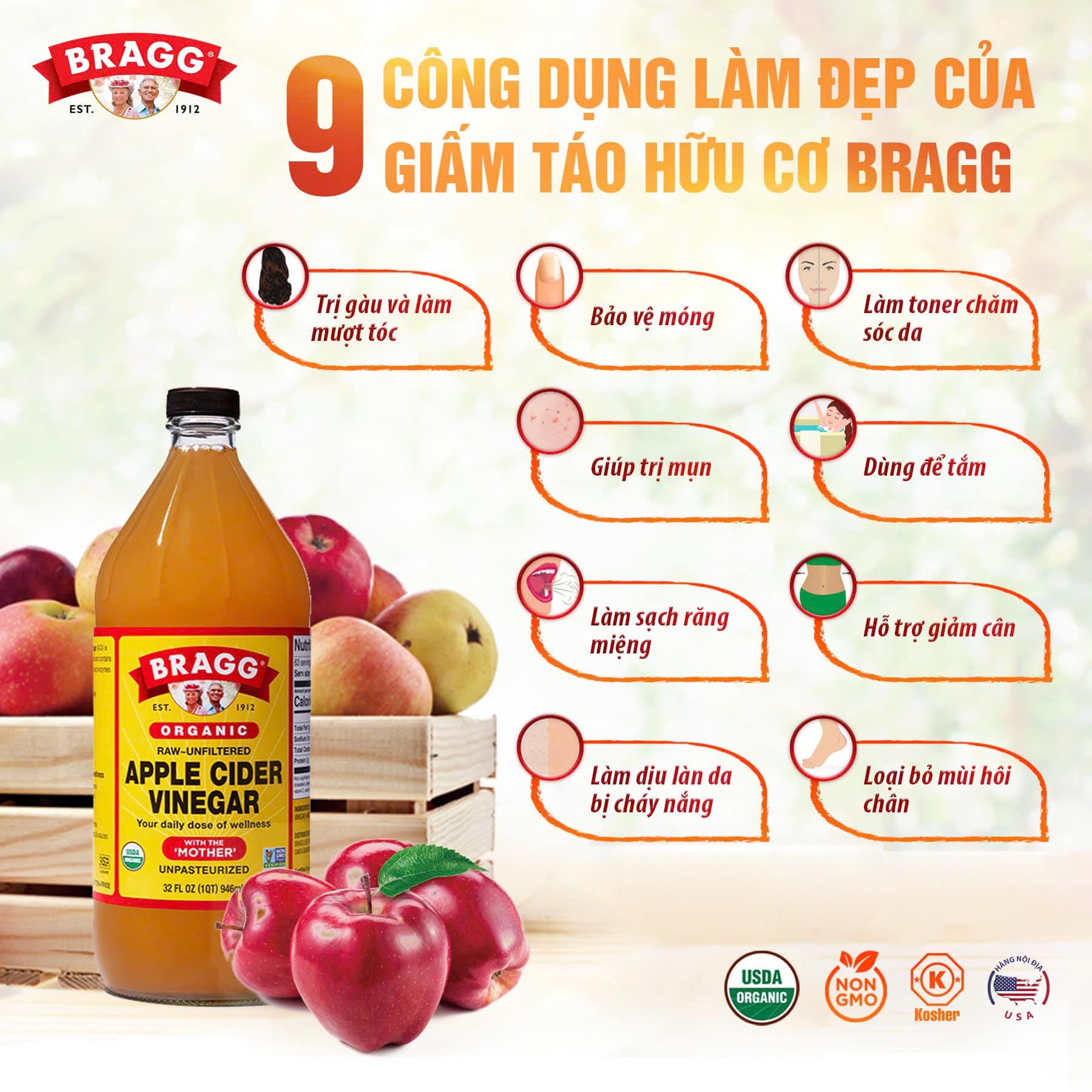 Giấm táo hữu cơ Bragg 473ml - có giấm cái (giấm mẹ)