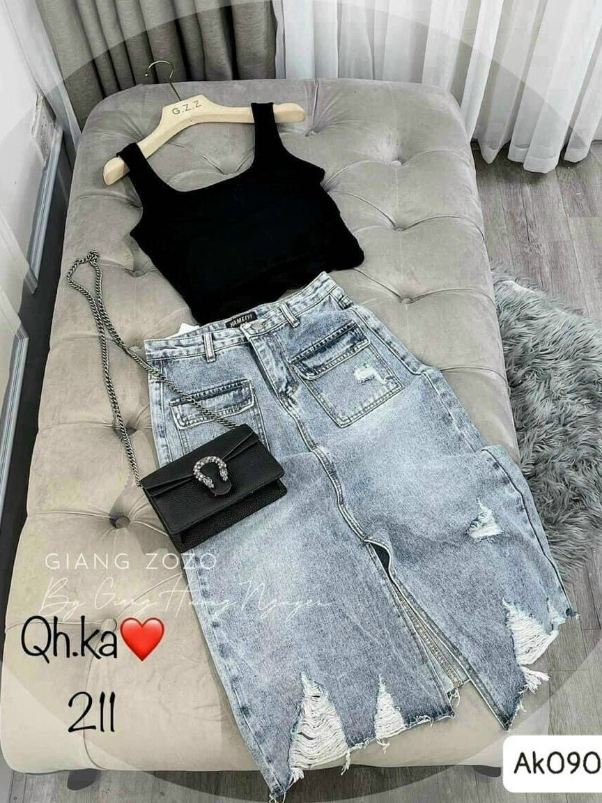 CHÂN VÁY JEAN NỮ CHỮ A - CV_5032, CHÂN VÁY BÒ XẺ TÀ RÁCH KÈM TÚI HỘP, PHONG CÁCH CÁ TÍNH NĂNG ĐỘNG - THƠI TRANG CAO CẤP BAOANH FASHION