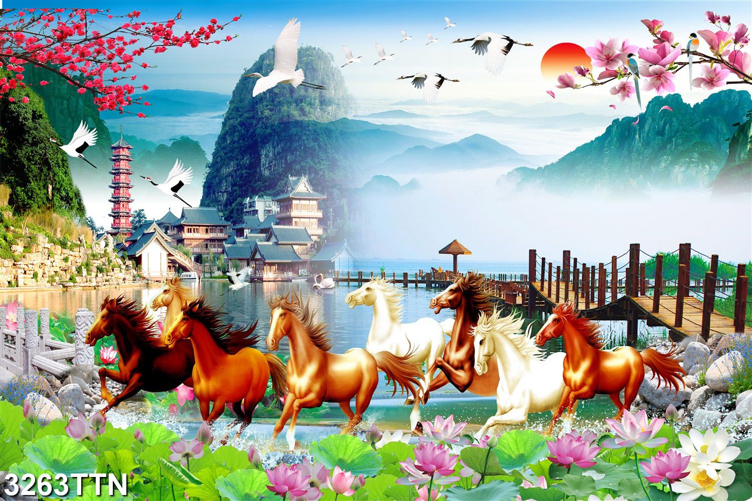 TRANH DÁN TƯỜNG 3D MÃ ĐÁO THÀNH CÔNG - TRANH DÁN TƯỜNG BÁT MÃ PHONG CẢNH - TRANH MÃ ĐÁO TRUY PHONG