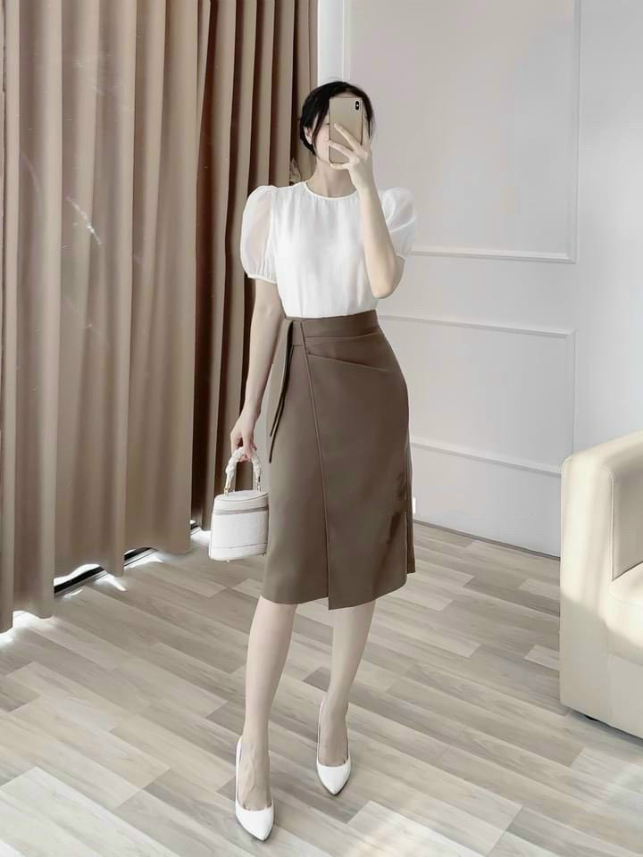 Chân Váy Midi Bút Chì Cạp Cao Vạt Bên 2 Màu