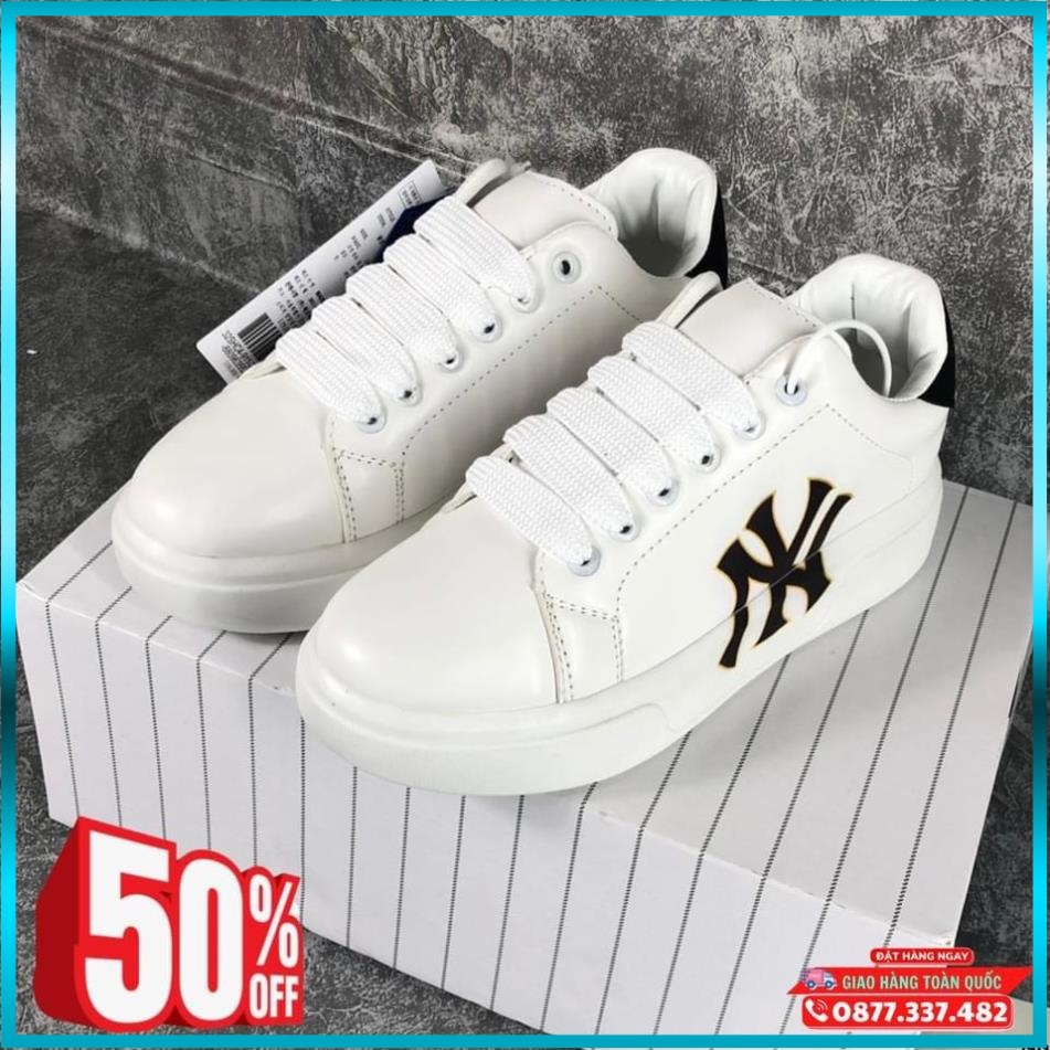 Giày thể thao NY độn đế tăng chiều cao Full Box, Giày MLB NY màu trắng chữ đen đủ size nam nữ full pk