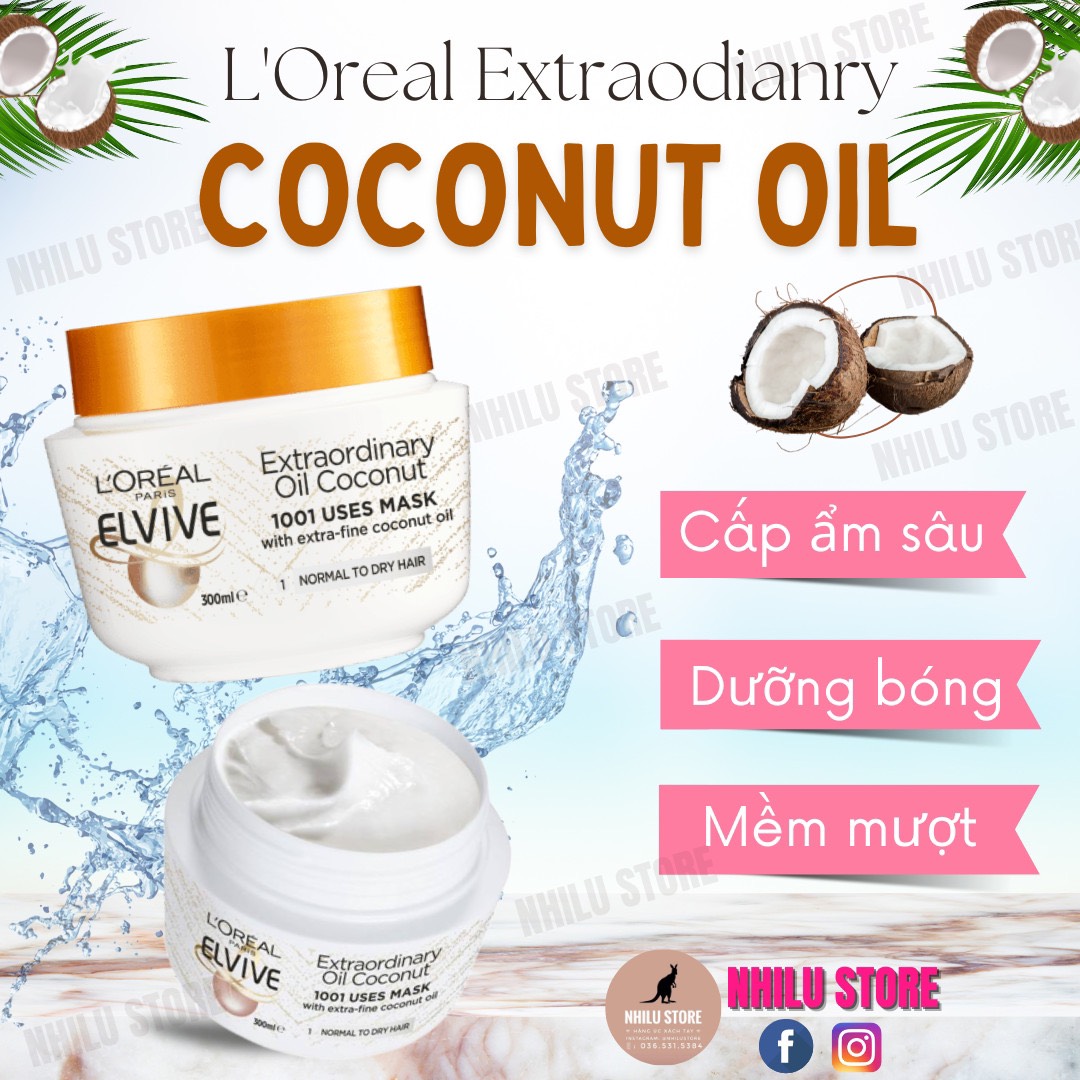 Kem ủ tóc dừa L'ORÉAL Paris Elvive extraordinary Coconut Oil - 300ml ( Bill Úc )