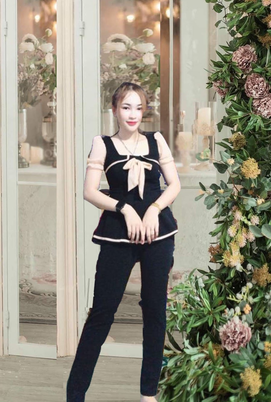 Set bộ thun cát hàn bành bèo nơ áo mặc nhà