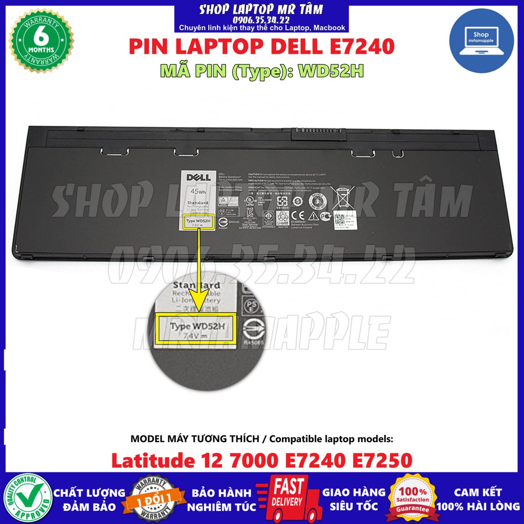 PIN LAPTOP DELL E7240 (WD52H/45Wh) (VFV59/52Wh) - 4 CELL dành cho Latitude 12 7000 E7240 E7250, KWFFN J31N7 GD076 GVD76