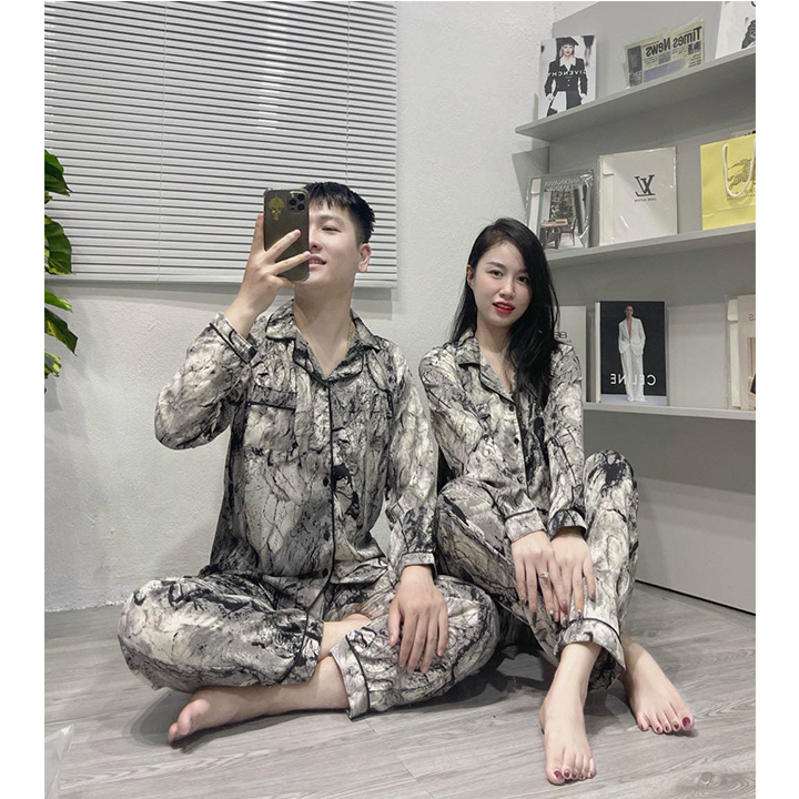 Bộ pyjama lụa dài tay phù hợp cả nam và nữ, bộ đồ ngủ dài tay chất lụa cao cấp