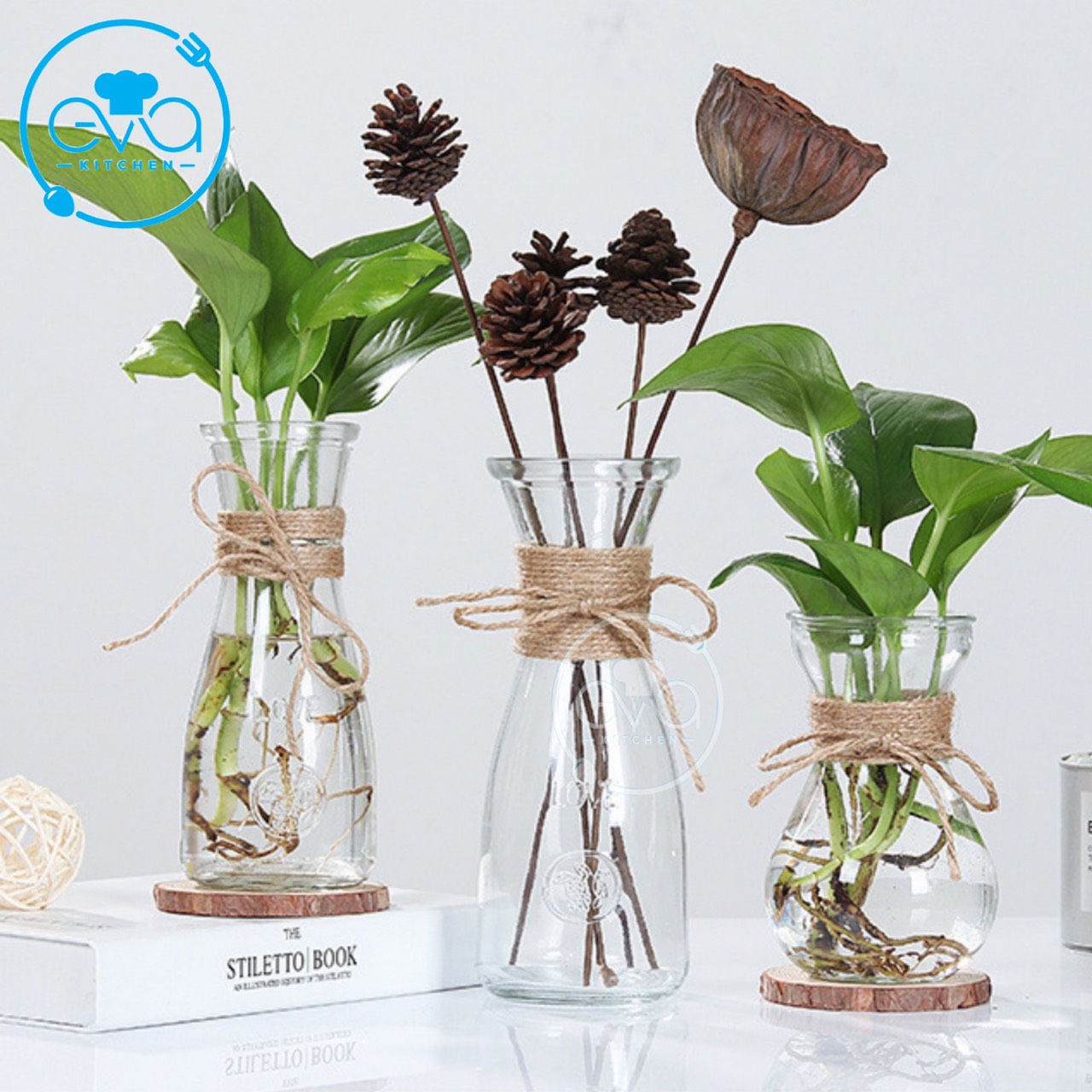 [HCM]Combo 3 Bình Bông Lọ Hoa Thủy Tinh Loe Eo Lớn Eo Nhỏ Tặng Kèm Dây Bố Trang Trí