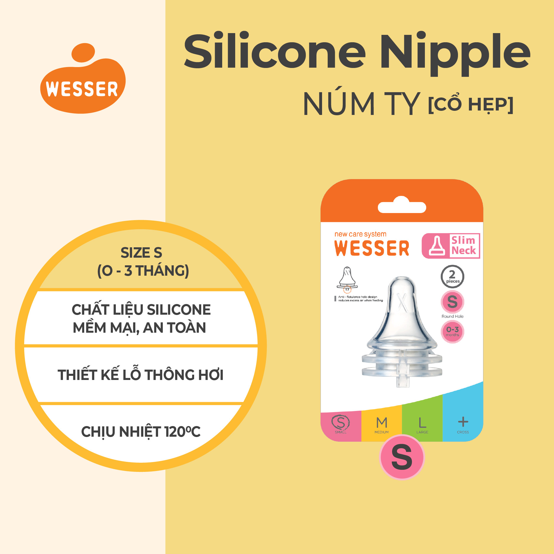 Núm ty CỔ HẸP Wesser S/M/L/+ (2 cái/hộp)