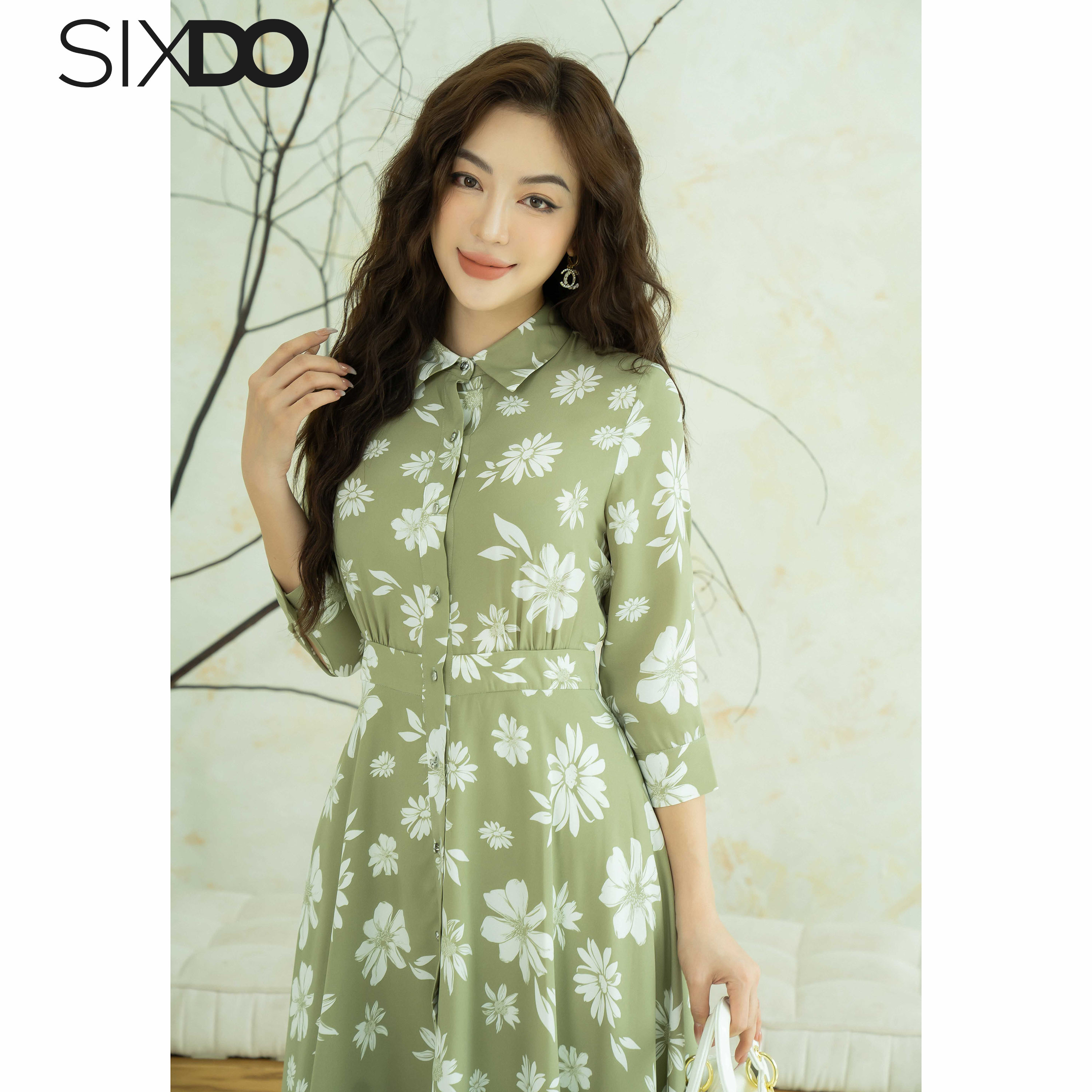 Đầm sơ mi lụa họa tiết hoa SIXDO (Olive Floral Midi Silk Dress)