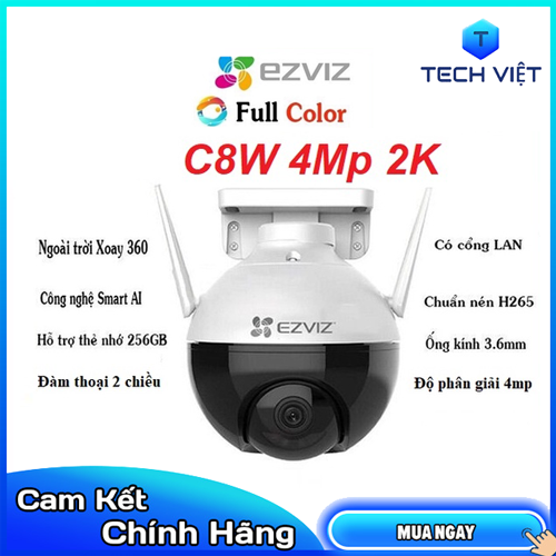 Camera wifi ngoài trời xoay 360 ezviz c8w siêu nét 4mp 2k hd , màu đêm, ai thông minh - đàm thoại 2 chiều,chuẩn nén h265