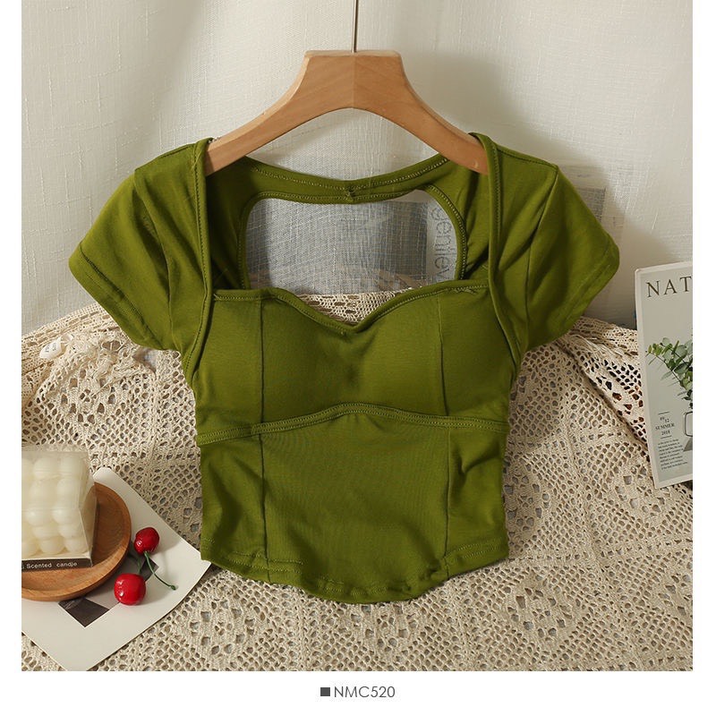 áo thun nữ crotop cổ vuông cod mút hở xoắn lưng chất thun co giản