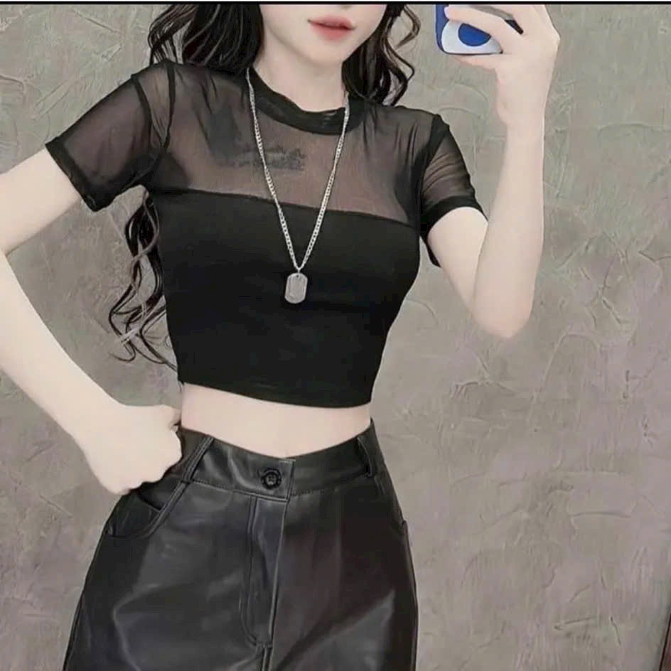 Áo thun lụa phối lưới xuyên thấu tay dài croptop trendy hiện nay TU