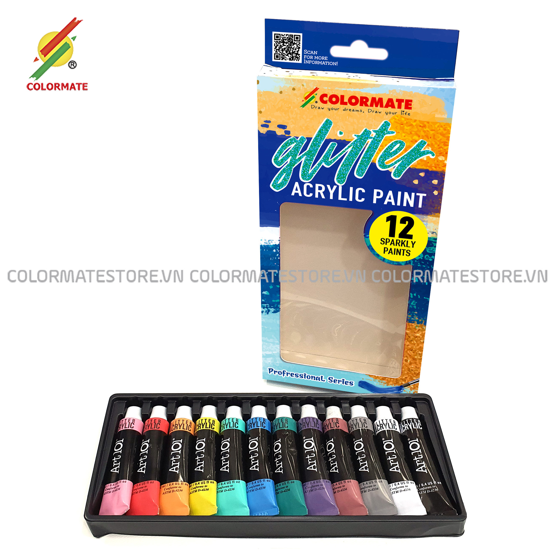 Hộp Giấy 12 Tuýp Glitter Acrylic Paint