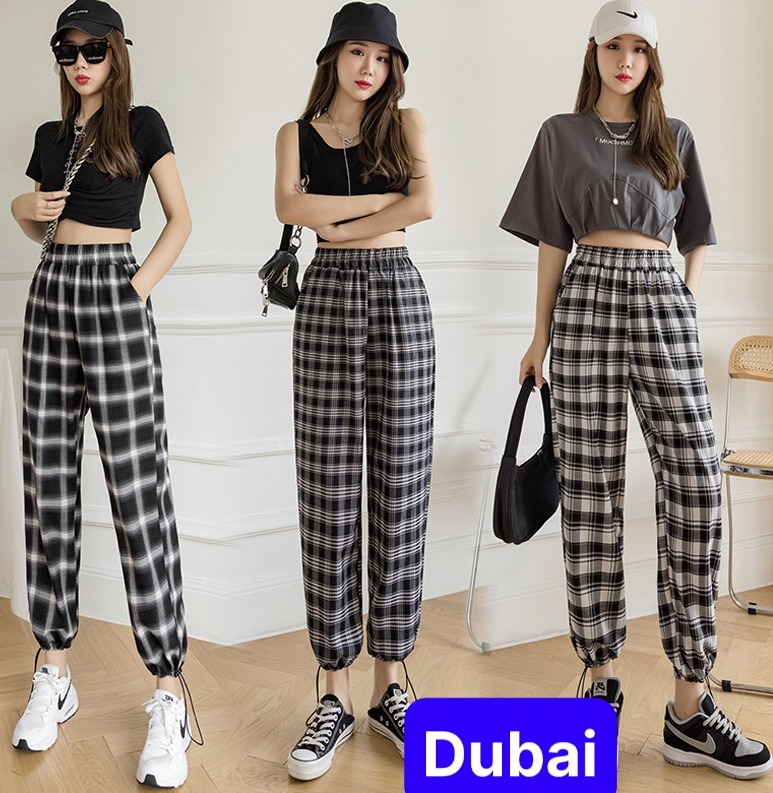 Quần jogger kẻ sọc caro trắng đen rút dây thể thao ống rộng suông siêu hot nhật bản - dubai fashion