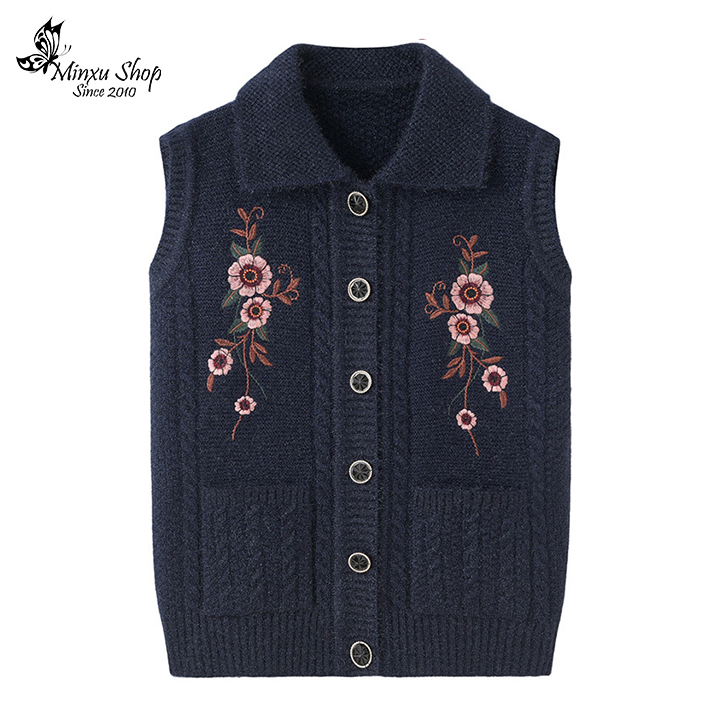 Áo gile len cổ bẻ sang trong , áo len trung niên họa tiết hoa thêu tặng bà tặng mẹ (Mã GX)