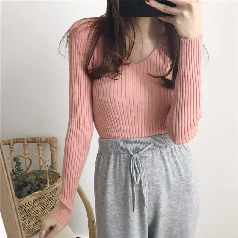 [Shopsi] Áo Len Nữ, Áo Len Gân Cổ Tim Dài Tay, Chất Len Cao Cấp Mềm Mịn Giặt Không Phai, Áo len tăm cổ tim