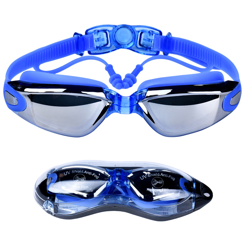 Kính bơi người lớn kèm nút bịt tai,kính bơi tráng gương chống sương mù chống nước,mắt kính bơi cao cấp
