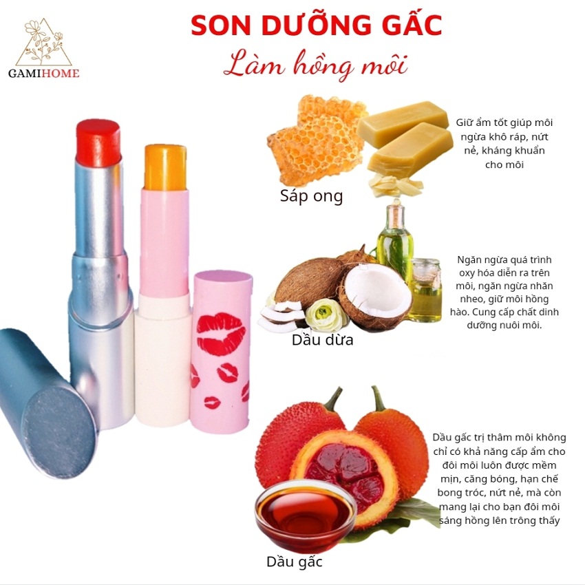 [Freeship] Combo son dưỡng gấc handmade có màu và không màu dưỡng mềm môi, ngừa khô ráp, nứt nẻ môi, xóa thâm môi do chì, cải thiện làm hồng môi, son thiên nhiên không chì cho mẹ bầu và trẻ nhỏ - Gami Home