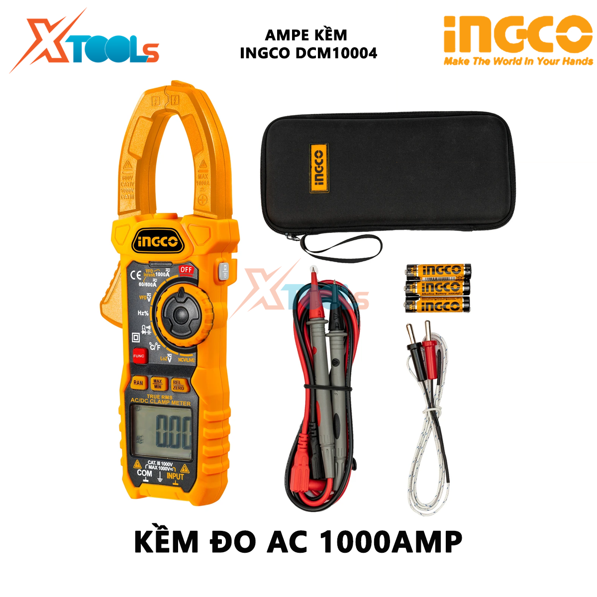 Đồng hồ kẹp AC/DC INGCO DCM10004 | ampe kìm Kỹ thuật số 6000 đếm, lưu dữ liệu,  đồng hồ vạn năng đo điện áp, điện trở, tần số