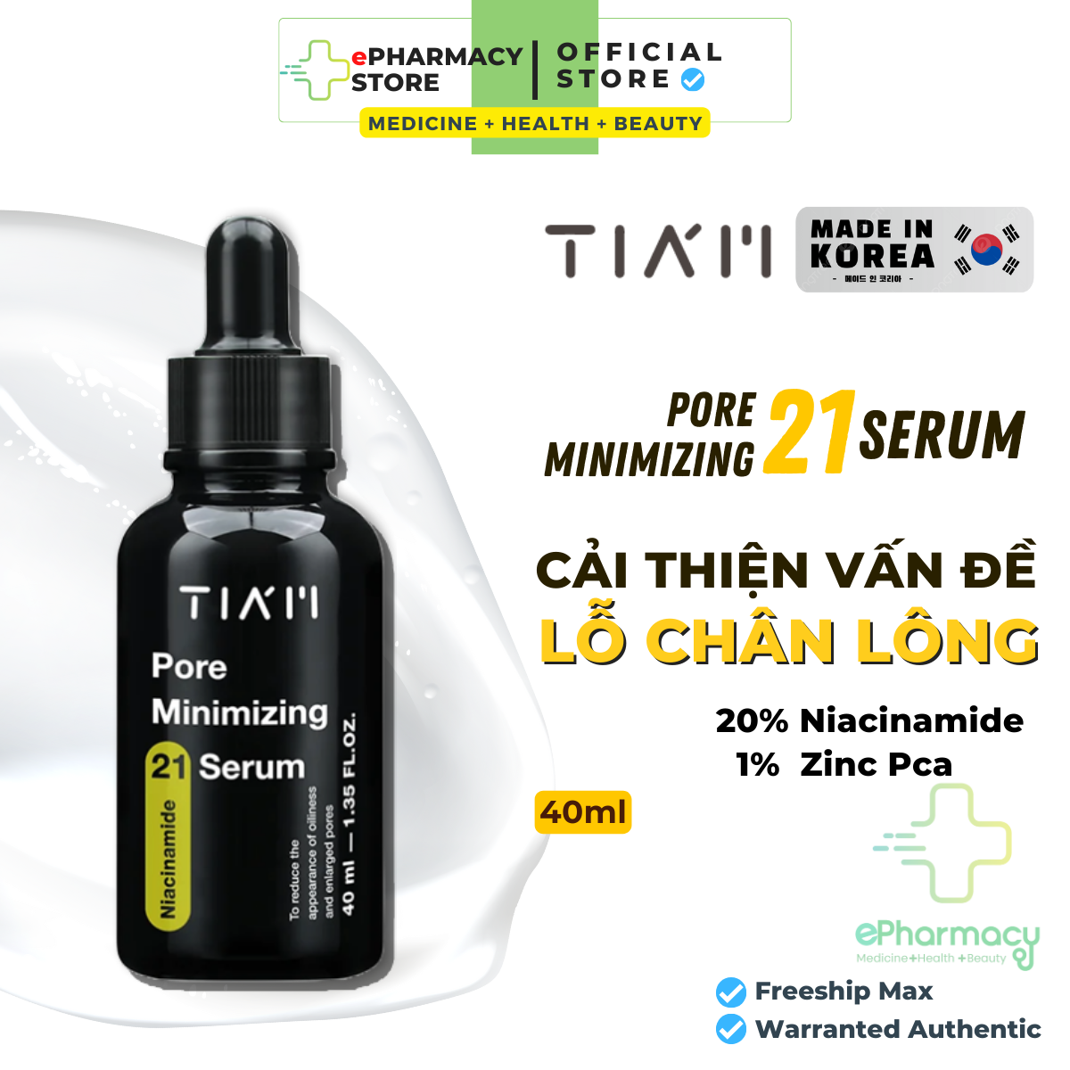 Serum tia'm niacinamide 20% + zinc 1% tia'm pore minimizing 21 serum 40ml - tinh chất tiam kiểm soát dầu nhờn, đều màu da