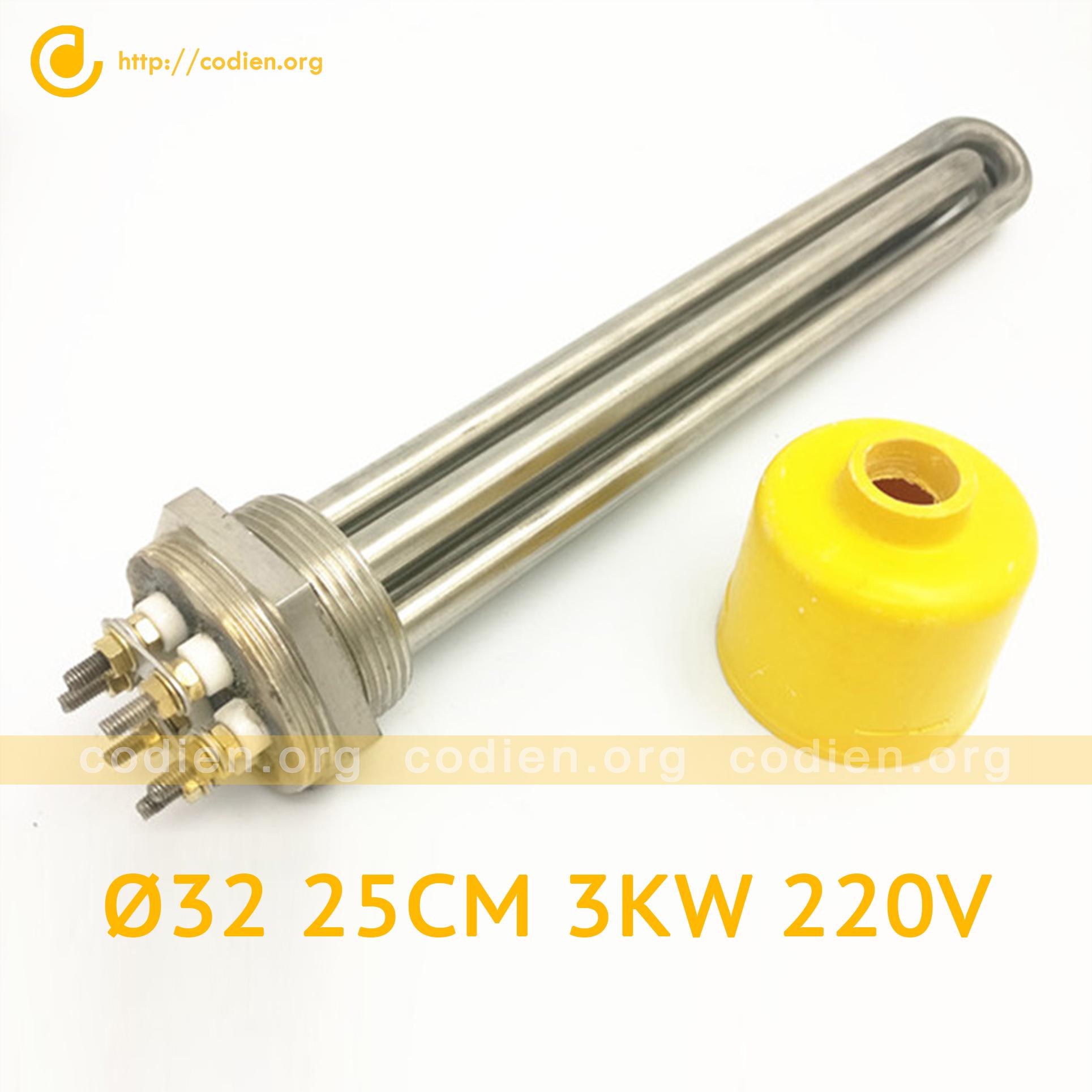 Điện trở nhiệt Thanh nhiệt đun nước Điện trở đun nước cục ren inox 304 phi 32 (Ø32) chiều dài 25cm công suất 2,5kw, 3kw, 4kw điện áp 220V 380V