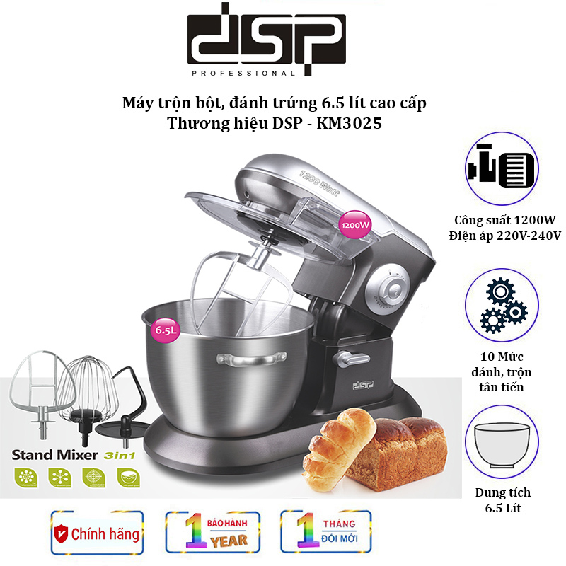 Máy trộn bột, đánh trứng 6.5 lít cao cấp thương hiệu nga dsp km3025, có 10 tốc độ đánh, công suất 1200w, 10 mức độ vận hành - hàng chính hãng