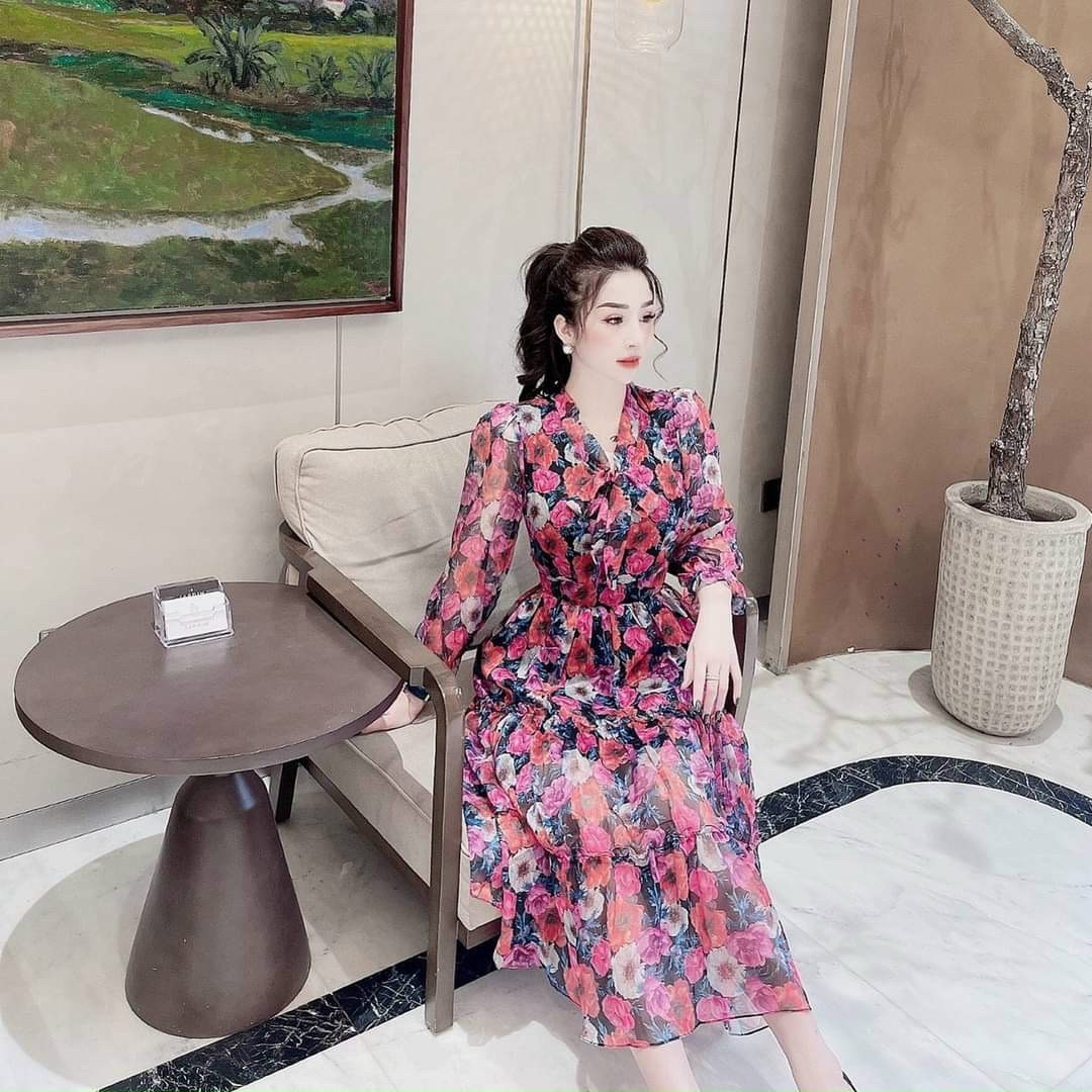 Đầm voan hoa mới mùa thu đầm tay dài màu sắc đẹp ld2