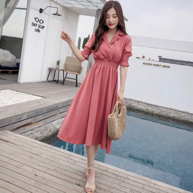 [HCM]Đầm hồng ruốc thun eo (kèm hình thật) - Đầm nữ dự tiệc dạo phố dễ thương