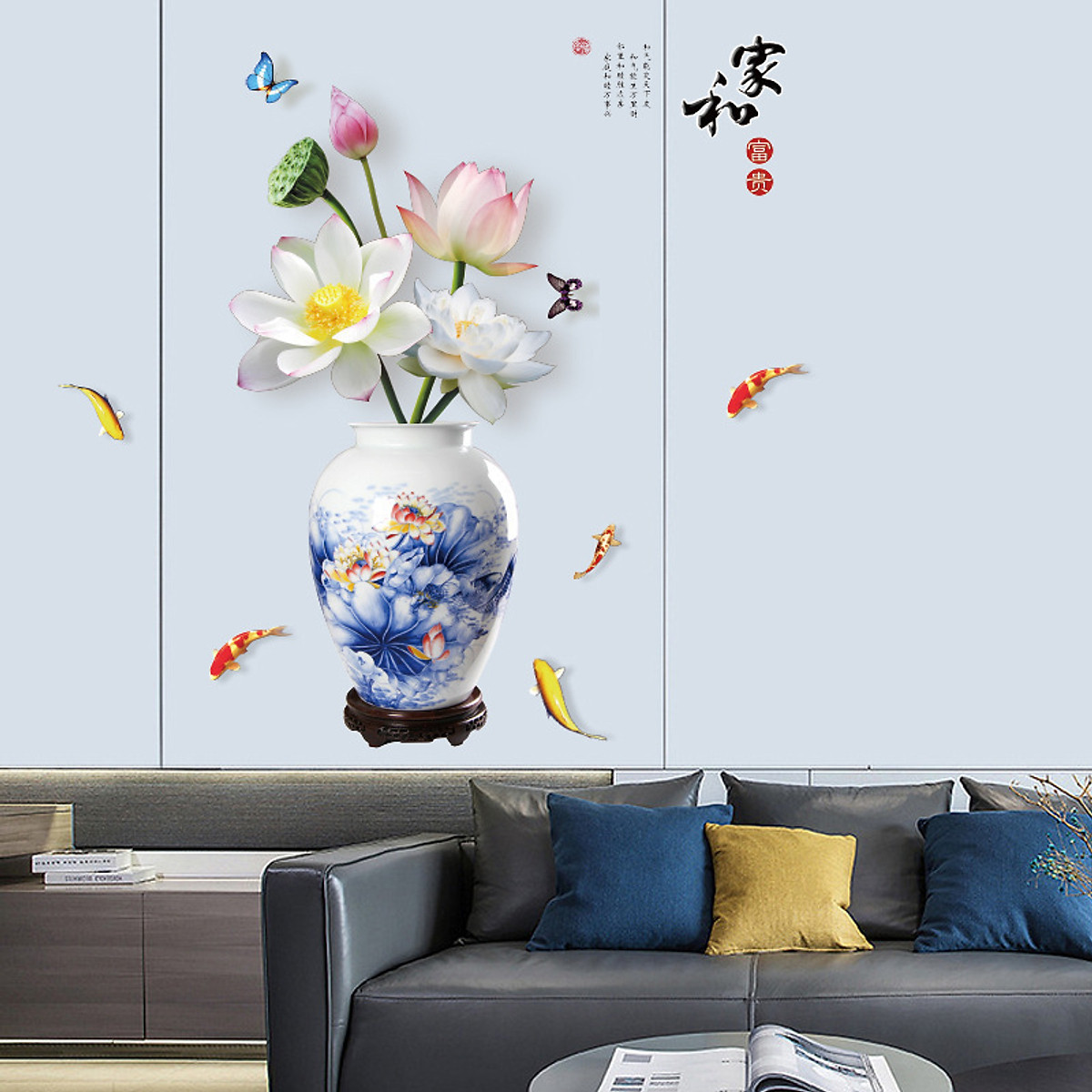 DECAL DÁN TƯỜNG TẾT BÌNH HOA XANH SEN TRẮNG