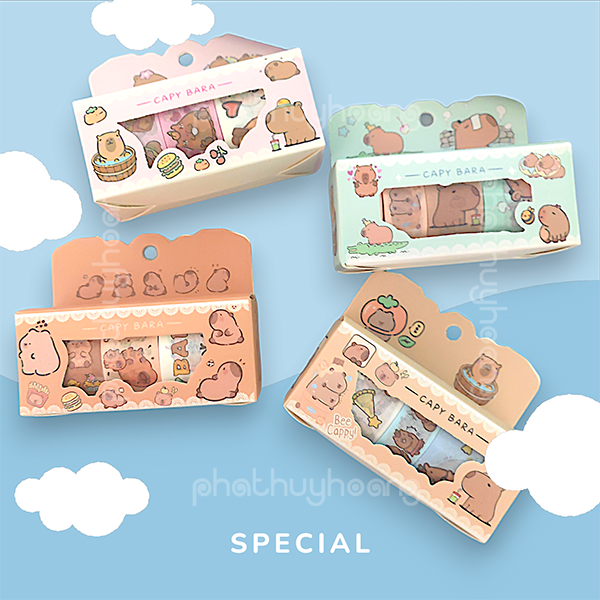 Hộp 4 cuộn sticker hoạt hình washi tape Capybara cực cute dễ thương , Sticker capybara , chuột lang nước ,hộp sticker chuột lang nước dễ thương washitape , qua si táp , miếng dán capybara , miếng dán hoạt hình cute - Phát HUy Hoàng