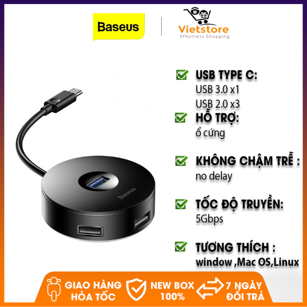 Bảng giá Bộ chuyển đổi Baseus Round Box HUB Adapter Type-C hoặc USB3.0 to USB3.0*1 + USB2.0*3 cho Macbook Pro Air - Phân phối bởi Vietstore Phong Vũ