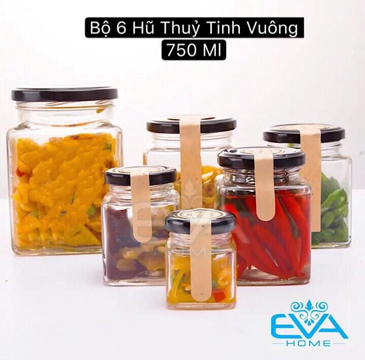 [HCM]Bộ 6 Hũ Thủy Tinh Vuông Nắp Vặn Dung Tích 750 ML