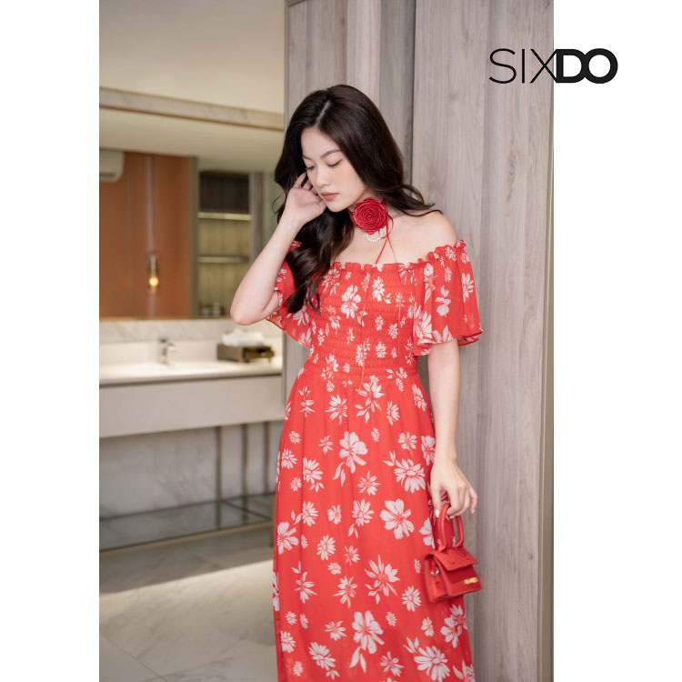 Đầm hoa maxi trễ vai bo chun SIXDO (Floral Maxi Dress)