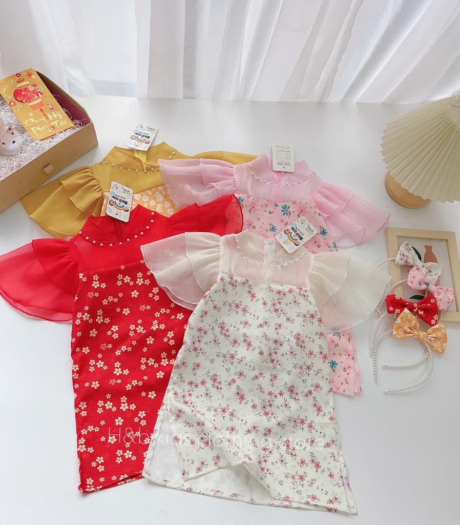 áo dài cách tân hoa hồng lụa đáng yêu cho bé 10-20kg