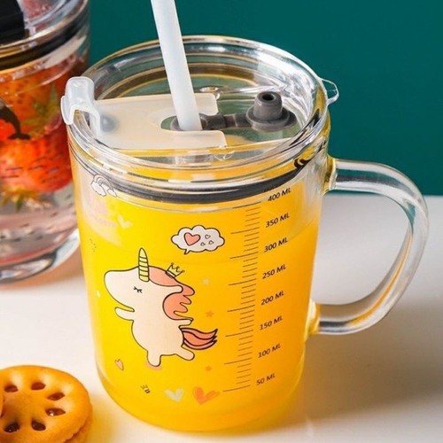 Ly thuỷ tinh chia vạch 350ml [CHỊU NHIỆT, ĐONG SỮA, CÓ ỐNG HÚT, NẮP ĐẬY KÍN]