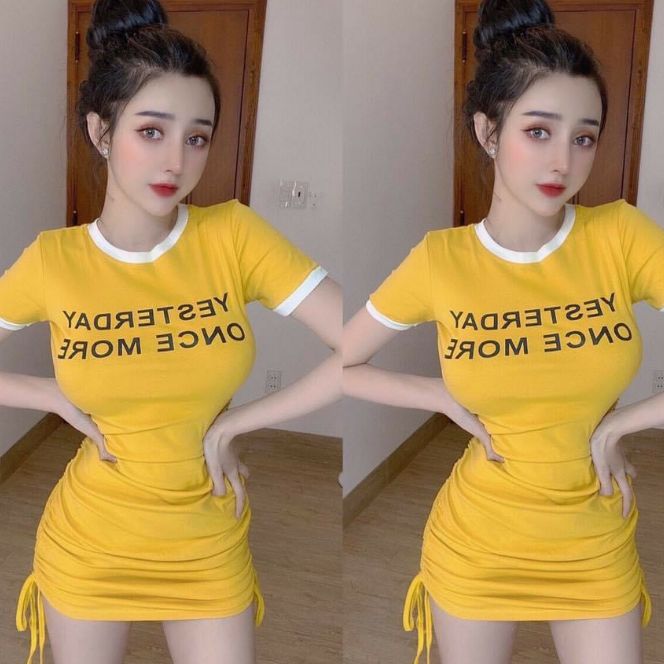 Đầm body hót in chữ viền cổ rút dây hai bên form 50 kg trở lại