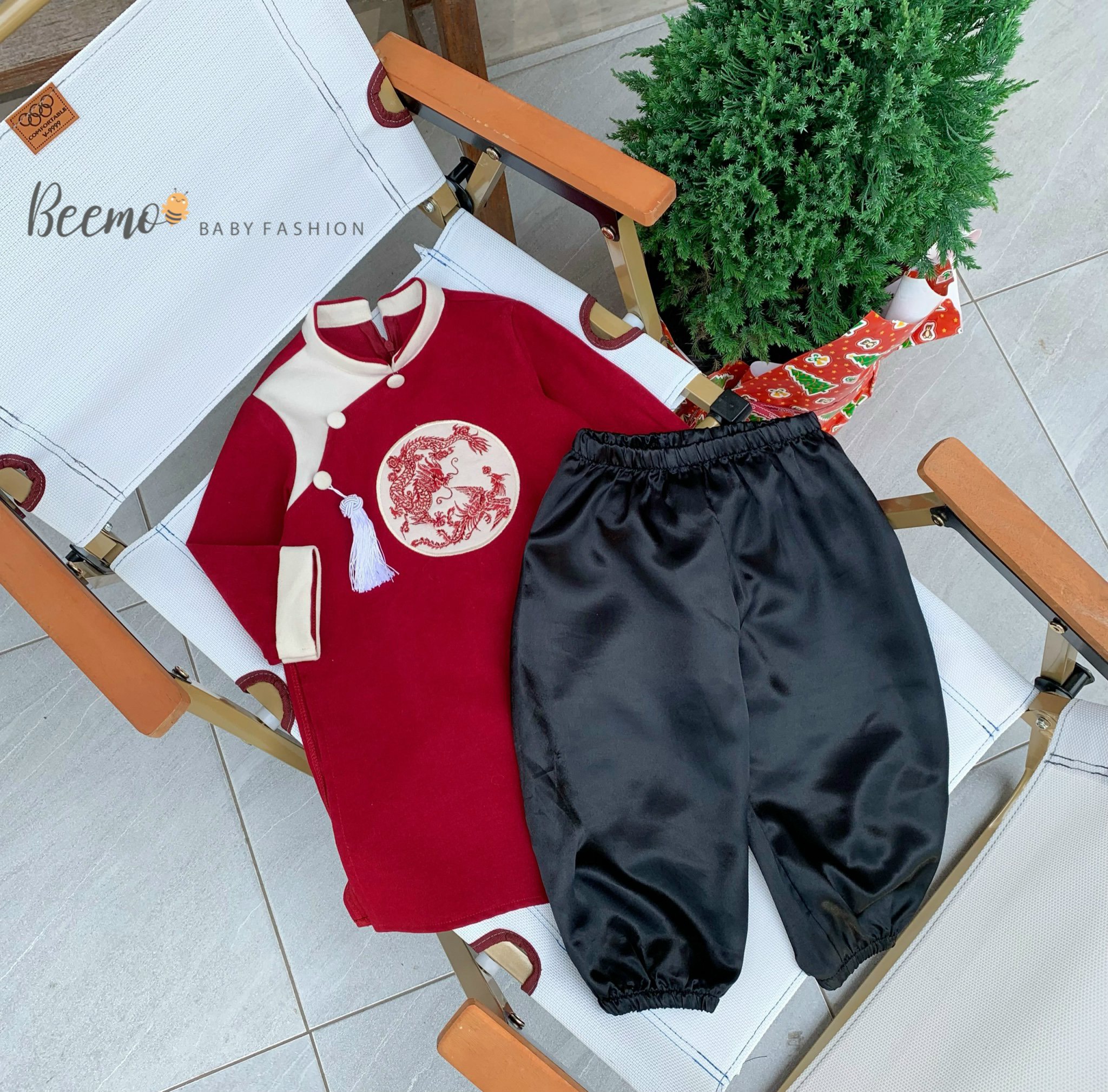 Áo dài Tết bé trai cổ tàu thêu rồng phối khánh Beemo