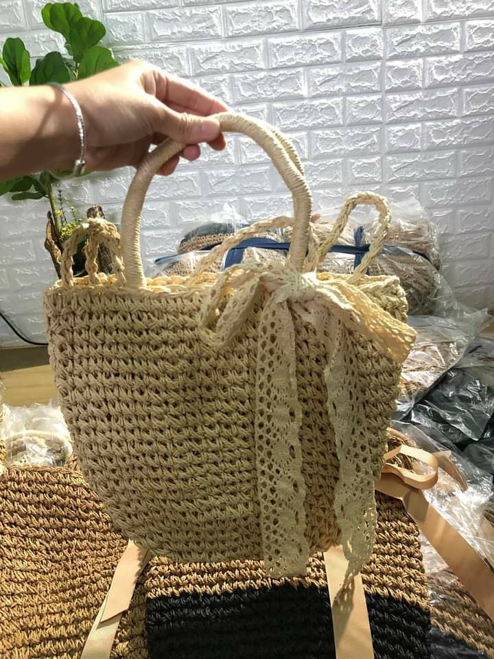 Túi cói thắt nơ vintage