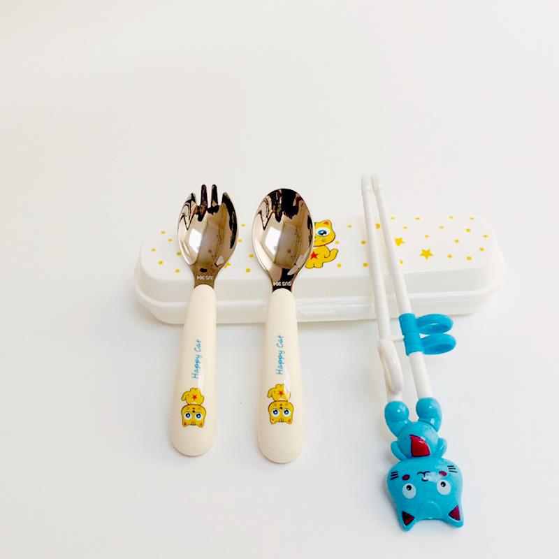 Bộ đũa thìa dĩa ăn dặm inox happy cat cho bé