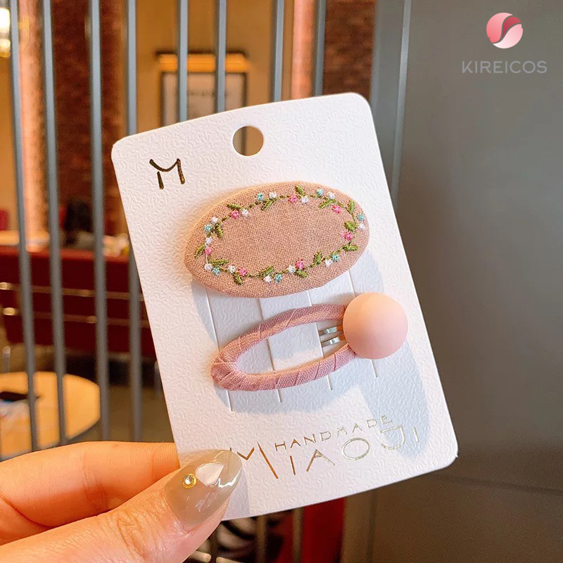 Set 2 kẹp tóc thêu hoa và kẹp bấm tóc màu macaroon - kireicos
