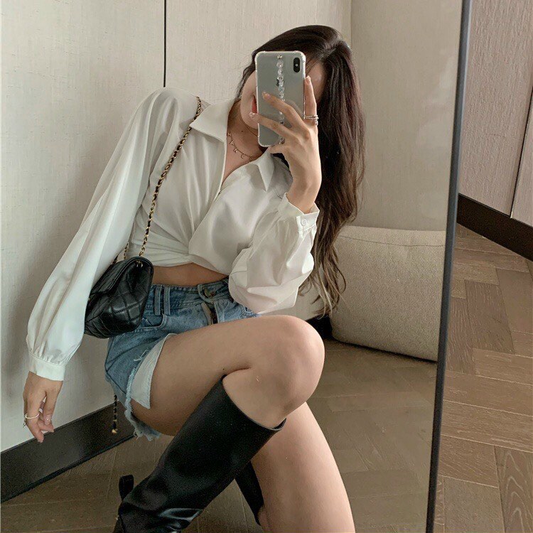 Áo Sơ Mi Xoắn Eo Tay Dài Trơn