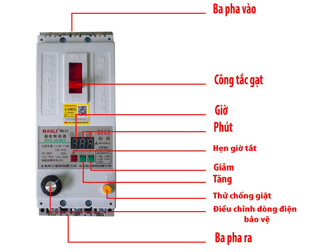 Aptomat Baili 60A 3 pha - Bảo Vệ Mất Pha, Cầu Dao Bảo Vệ Mất Pha Công