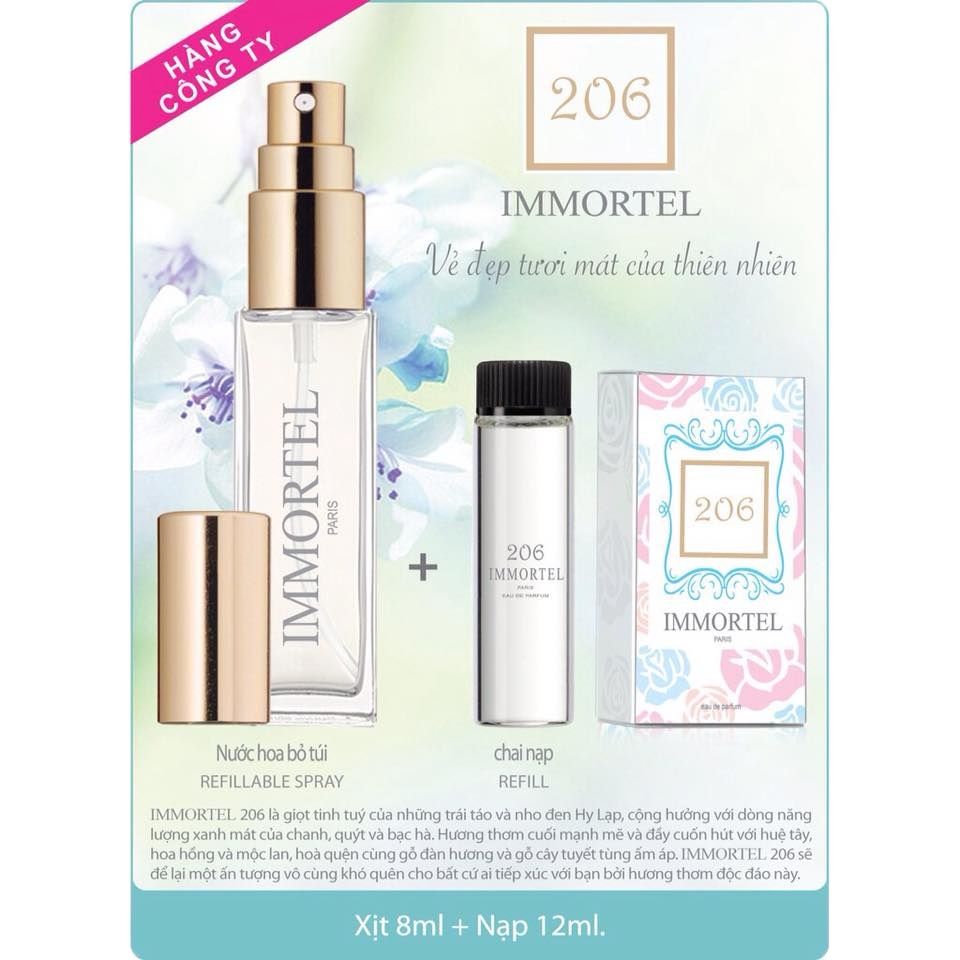 Nước Hoa IMMORTEL 206 (GỒM CHAI XỊT 8 ml + CHAI NẠP 12 ml) Eau de parfum