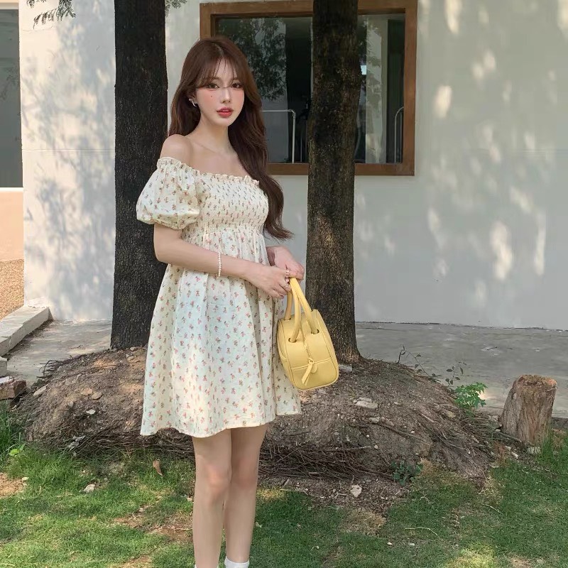 Váy Hoa Pháp Cổ Vuông Eo Cao