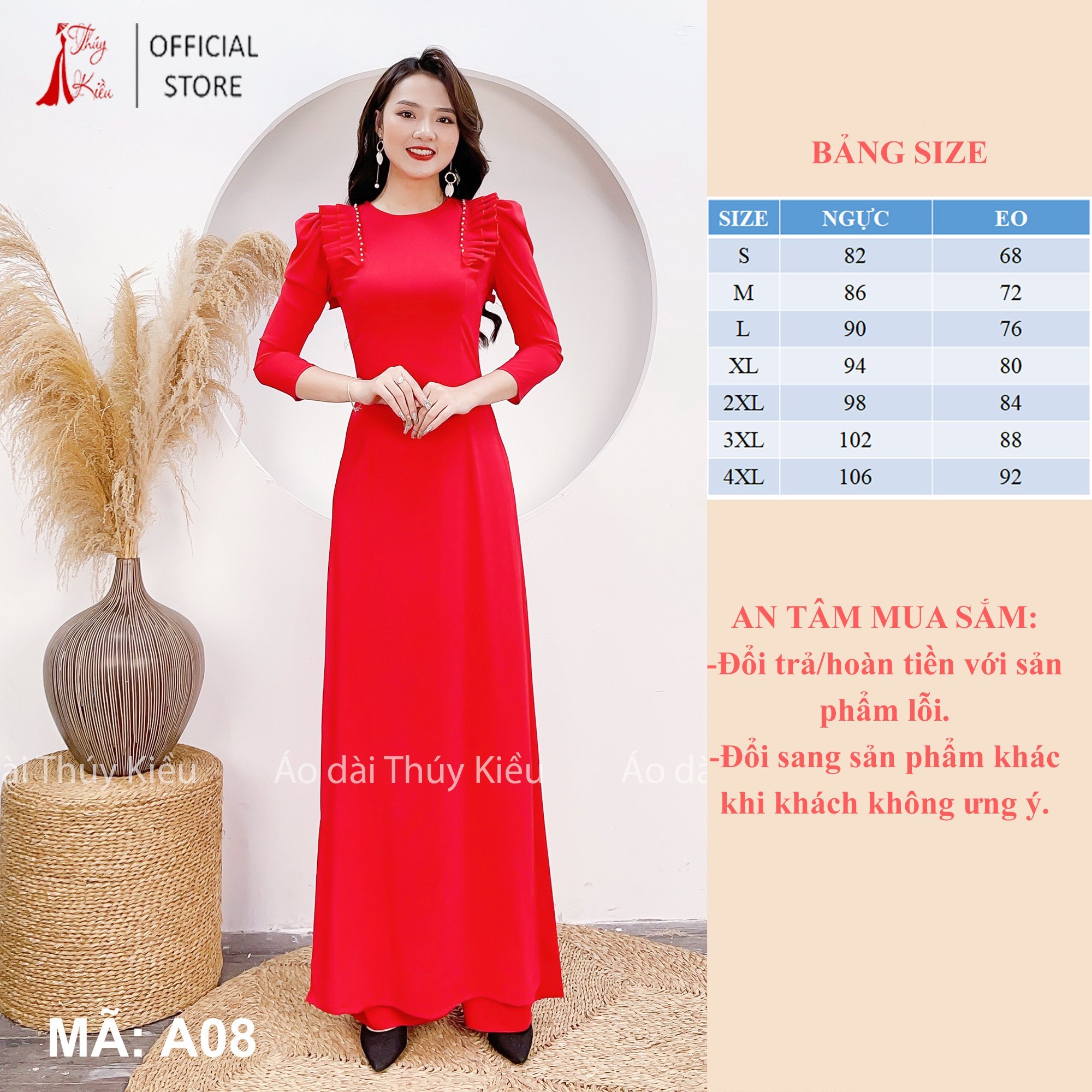 A08 Áo dài lụa Nhật tay bồng xếp ly đính ngọc màu đỏ