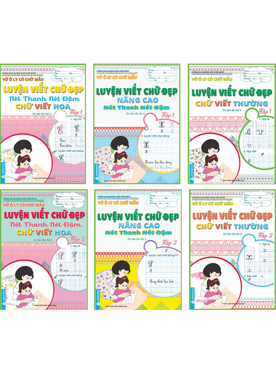 Combo vở ô ly có chữ mẫu - luyện viết chữ đẹp: chữ viết thường tập 1 + 2, nét thanh nét đậm - chữ viết hoa tập 1 + 2, nâng cao - nét thanh nét đậm tập 1 + 2