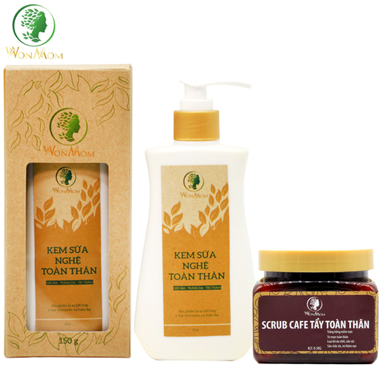 [HCM]Bộ Dưỡng Trắng Hồng Body Wonmom ( 1 Kem Sữa nghệ + 1 Scrub Cafe Tẩy Tế Bào Chết Toàn Thân )