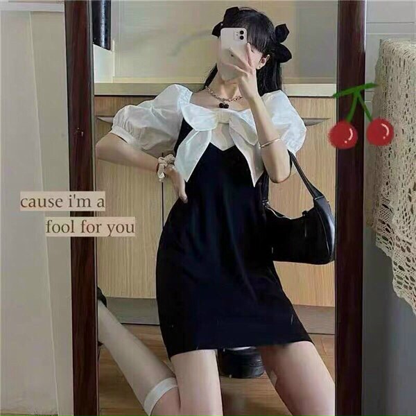 ( SALES) ĐẦM ĐEN PHỐI NƠ TAY PHỒNG
