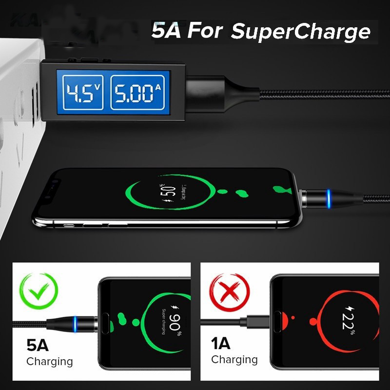 5A Fast Charging Cable 3 in 1 Micro Usb / Type-C / apple usb Magnetic USB Cable Data Cable with Led Light for iPhone Cable/android samsung/xiaomi/huawei/vivo/oppo