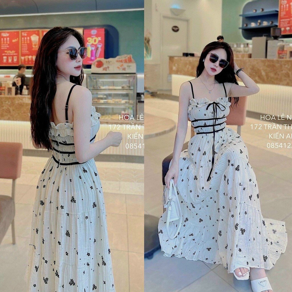 Đầm thời trang nữ mặc đi chơi chất voan xốp 2 dây in hoa maxi phối viền đen cột nơ